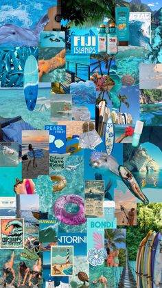 the collage is made up of many different pictures and words, including surfboards