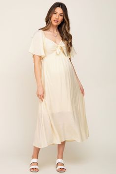 Beige Front Tie Ruffle Sleeve Maternity Midi Dress– PinkBlush Maternity Midi Dress, Maternity Maxi, Baby Shower Dresses, Shower Dresses, Pregnancy Maxi Dress, Pink Blush Maternity, Lined Skirt, Ruffle Sleeves, Cream Dress