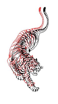 a black and white tiger with red lines on it's body, running across the ground