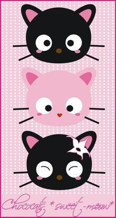 three black cats with white eyes and one pink cat on the front, two are facing each other