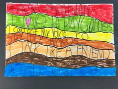 a child's drawing with words written in different colors and shapes on the paper