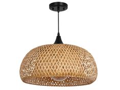 a light that is hanging from a ceiling fixture with wicker pattern on the top