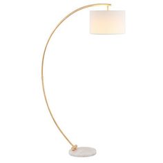 a floor lamp with a marble base and a white shade on the light bulb,