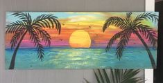 a painting of palm trees in front of the ocean at sunset with birds flying by