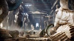 an ancient city with statues and people in it