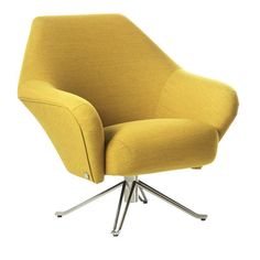 an upholstered yellow chair with chrome legs