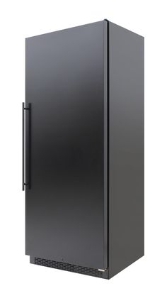 a black refrigerator freezer sitting on top of a white wall