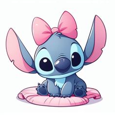 a cartoon character sitting on top of a pillow with a pink bow around it's head