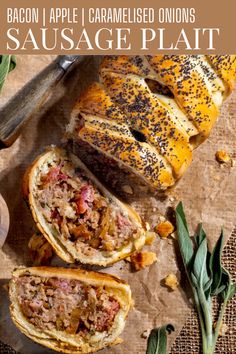 Sausage plait with two slices sliced from it on a sheet of brown paper. Sausage Plait, British Sausage, Caramelised Onions, Christmas Foods, Sausage Rolls, Smoked Bacon, European Food, Fun Dinners