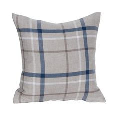 a gray and blue plaid pillow on a white background