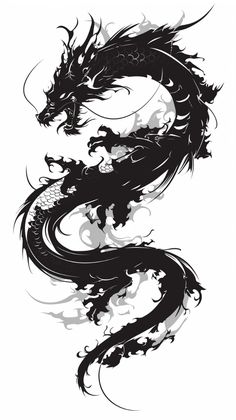 a black and white drawing of a dragon on a white background, with the tail curled up