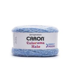 the yarn ball is blue and has white writing on it that says, carbon colorama halo