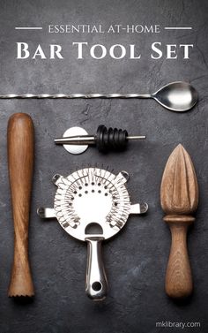 an assortment of kitchen utensils and spoons with the words essential at home bar tool set