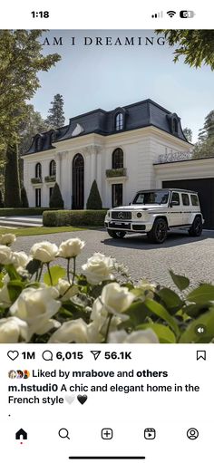 a white suv parked in front of a large house