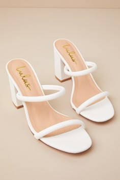 White High Heel Sandals - Dual Strap Heels - Open Toe High Heels - Lulus No Strap Heels, Ladies Heel Shoes, White Formal Heels, Cute Hoco Heels, Hoco Shoes Short Heels, White Hoco Heels, White Heels Short, Short White Heels, Shoes For Hoco