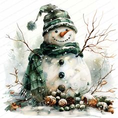 a snowman with a green scarf and hat on it's head sitting in the snow