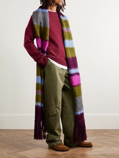 The Elder Statesman is renowned for its interesting colour combinations and incredibly soft fabrics and this oversized 'Thistle' scarf exemplifies both. It's hand-knitted from a plush alpaca-blend with vivid stripes and finished with fringed ends. Knitting Winter Scarf, Knitted Scarves, Handwoven Alpaca Scarves For Winter, Luxury Winter Scarves With Fringe, Luxury Multicolor Winter Scarves, Handwoven Alpaca Winter Scarf, Cozy Hand-knitted Alpaca Scarves, Comfort Wear, Scarf Men