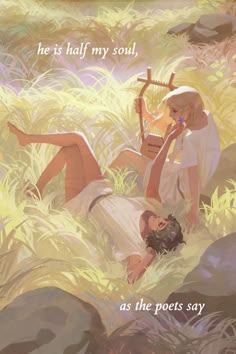 two people laying in the grass with one holding a harp and another playing an instrument