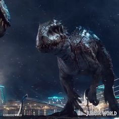 two dinosaurs are in the city at night