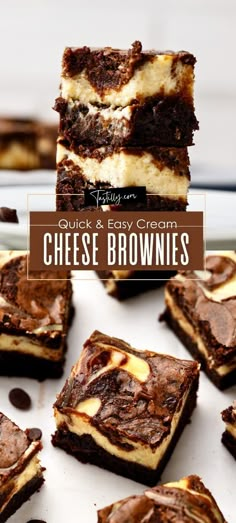 cheese brownies stacked on top of each other with the words quick and easy cream cheese brownies