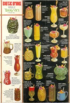 an old poster shows different types of cocktails and drinks in glass cups, with names on the side