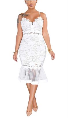 Mermaid Midi Dress, Elegant White Dress, Ruffle Bodycon, Bodycon Midi Skirt, Sleeveless Lace Dress, Lace Dress With Sleeves, Clubwear Dresses, White Dresses For Women, Neck Lace