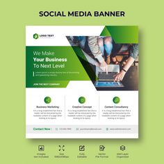 the social media banner is shown with green and white colors, including two hands on a laptop