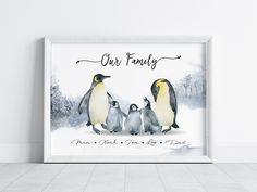 a family penguin with two baby penguins in the snow