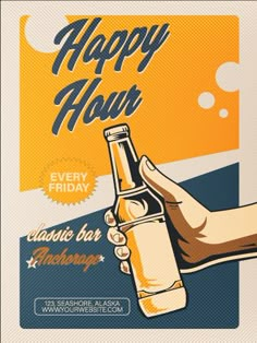 a poster with a hand holding a beer bottle and the words happy hour on it