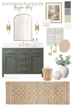 a bathroom design board with gold accents and neutral colors, including gray cabinets, white sink,