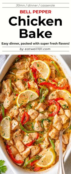 chicken bake with lemons and peppers in a white dish