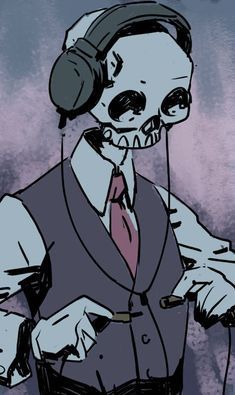 a skeleton with headphones and a suit is listening to music on his ear phones