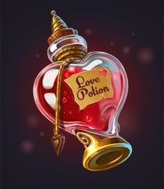 a red heart shaped bottle with a gold top and a sign that says love potion