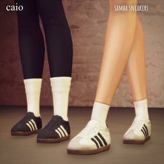 the legs and feet of two people in black and white shoes with socks on them