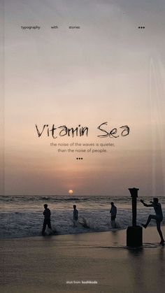 an advertisement for vitamin sea with people playing in the water and on the beach at sunset