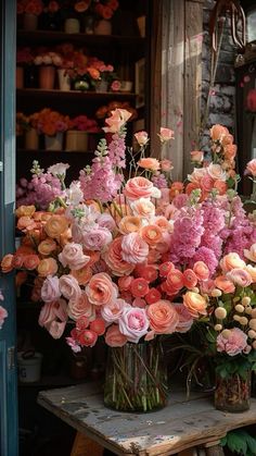 an assortment of flowers are displayed in vases on a table outside the flower shop