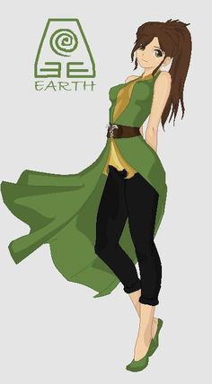 an anime character with long hair and green dress, standing in front of the earth logo