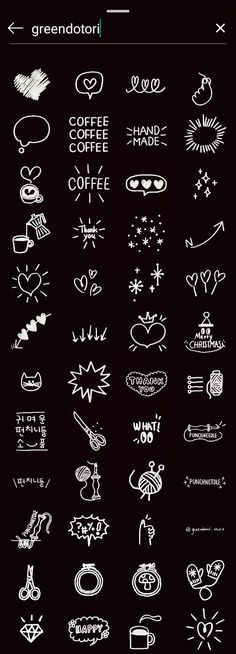 a bunch of different types of logos on a black background with the words coffee and hand written