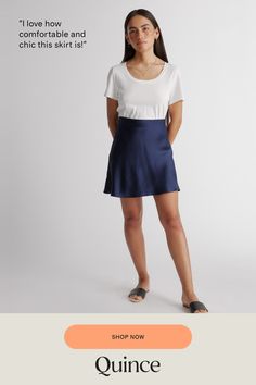 It's mini in length but maximum style points. The washable silk mini skirt is made from 100% washable mulberry silk in a satin finish. Pairs perfectly with our silk cami and has a hidden elastic waistband for easy fit.  | Quince | Women's Washable Silk Mini Skirt in Navy, Size Medium, Mulberry Silk Casual Satin Lined Skirt, Casual Satin Skirt For Summer, Casual Satin Flowy Skirt, Summer Satin Mini Skirt With Lining, Summer Silk Mini Skirt, Summer Satin Mini Skirt, Casual Silk Lined Skirt, Casual Silk Flowy Skirt, Fitted Silk Casual Skirt