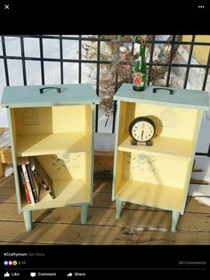 two yellow and blue nightstands sitting next to each other on top of a wooden floor