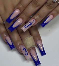 Nails Acrylic W Initial, Blue Nail Designs With Initials, Nails With Bf Name On It, Makeup Ideas Blue And Silver, Long Nail Designs With Initials, Nail Ideas Acrylic Royal Blue, Blue Acrylic Nails With J Initial, Medium Length Nails With Initials, Blue Nails With J Initial