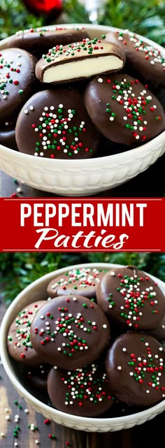 chocolate covered cookies in a bowl with sprinkles