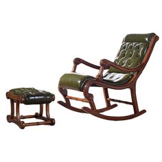 a rocking chair and foot stool with green leather upholstered cushions on white background