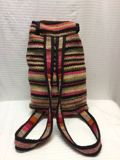 Kilim Backpack, Striped Tan, Green, PinkCinch and button bead closureUnlined interiorPLEASE SEE MEASUREMENTSMeasures: W 9" x H 15"  x Depth 4 1/2"Straps:Full length 26"Excellent condition: softPlease remember when buying vintage purses there are normally minor imperfections unless these are very noticeable or detract from the style or attractiveness of the item they are not normally mentioned.LOOKING FOR PERFECTION - VINTAGE IS NOT FOR YOU!(Excellent Condition) MINT - As close to "new" as possib Casual Rectangular Backpack With Adjustable Straps, Casual Brown Woven Backpack, Casual Beach Backpack With Woven Details, Casual Woven Backpack For The Beach, Casual Woven Backpack For Beach, Casual Beach Woven Backpack, Casual Backpack With Snap Closure, Casual Snap Closure Backpack, Rectangular Woven Backpack For Travel