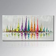 colorful sailboats in the water on a gray background with white walls and grey flooring