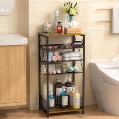 a bathroom shelf filled with lots of personal care items