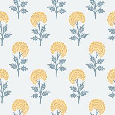 yellow and blue flowers on a light blue background seamless wallpaper with small leaves