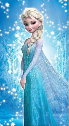 a frozen princess with long hair and blue dress standing in front of snowflakes