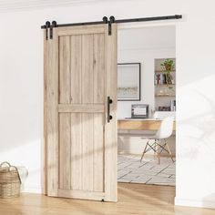 an open wooden door in a white room