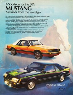 an advertisement for the ford mustang from the'80s, featuring two cars and a horse